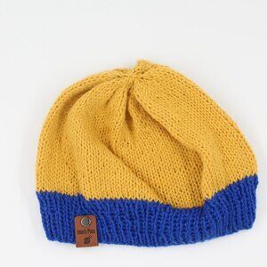 Handmade Hand Knit Wool Blend Multicolour Sunflower Yellow Blue Basic Beanie Hat